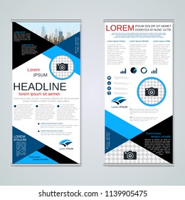 Modern roll-up abstract geometric style business banners, two-sided flyer vector design template