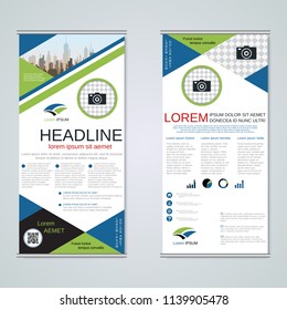 Modern roll-up abstract geometric style business banners, two-sided flyer vector design template