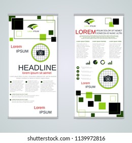Modern roll-up abstract geometric style business banners, two-sided flyer vector design template