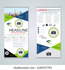 Modern roll-up abstract geometric style business banners, two-sided flyer vector design template