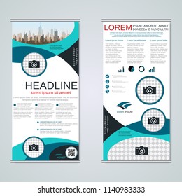 Modern roll-up abstract geometric style business banners, two-sided flyer vector design template