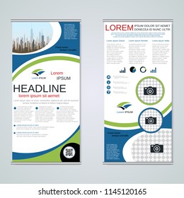 Modern roll-up abstract geometric style business banners, two-sided flyer vector design template