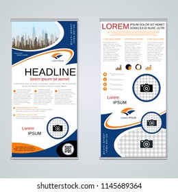 Modern roll-up abstract geometric style business banners, two-sided flyer vector design template