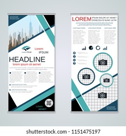 Modern roll-up abstract geometric style business banners, two-sided flyer vector design template