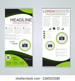 Modern roll-up abstract geometric style business banners, two-sided flyer vector design template