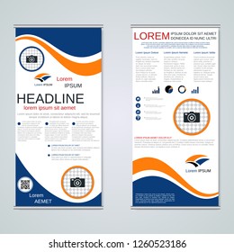 Modern roll-up abstract geometric style business banners, two-sided flyer vector design template