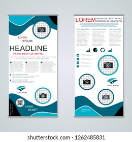 Modern roll-up abstract geometric style business banners, two-sided flyer vector design template