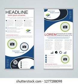 Modern roll-up abstract geometric style business banners, two-sided flyer vector design template