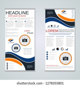 Modern roll-up abstract geometric style business banners, two-sided flyer vector design template