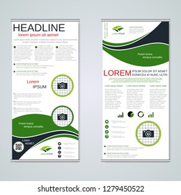 Modern roll-up abstract geometric style business banners, two-sided flyer vector design template