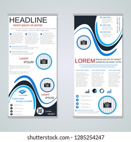 Modern roll-up abstract geometric style business banners, two-sided flyer vector design template