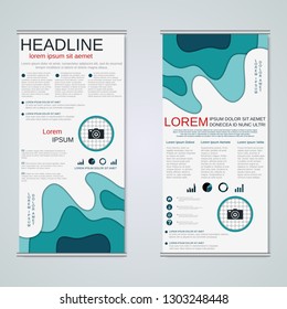 Modern roll-up abstract geometric style business banners, two-sided flyer vector design template. Abstract paper cut background