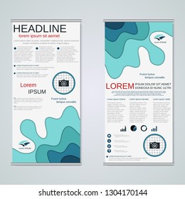 Modern roll-up abstract geometric style business banners, two-sided flyer vector design template. Abstract paper cut background