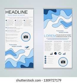 Modern roll-up abstract geometric style business banners, two-sided flyer vector design template. Abstract paper cut background