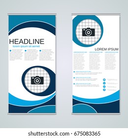 Modern roll-up abstract geometric style business banners, two-sided flyer vector design template