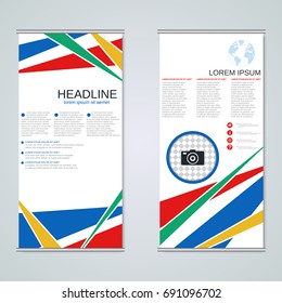 Modern roll-up abstract geometric style business banners, two-sided flyer vector design template