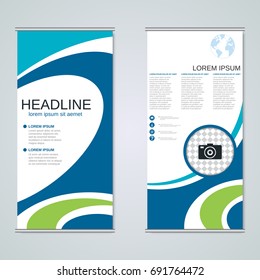Modern roll-up abstract geometric style business banners, two-sided flyer vector design template