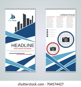 Modern roll-up abstract geometric style business banners, two-sided flyer vector design template