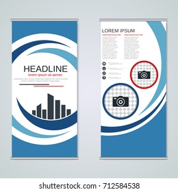 Modern roll-up abstract geometric style business banners, two-sided flyer vector design template