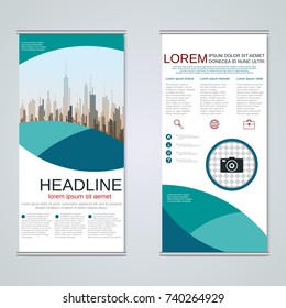 Modern roll-up abstract geometric style business banners, two-sided flyer vector design template