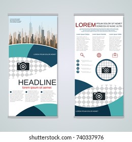 Modern roll-up abstract geometric style business banners, two-sided flyer vector design template