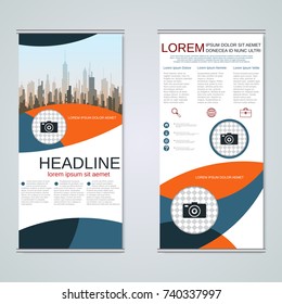 Modern roll-up abstract geometric style business banners, two-sided flyer vector design template