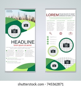 Modern roll-up abstract geometric style business banners, two-sided flyer vector design template