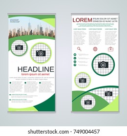 Modern roll-up abstract geometric style business banners, two-sided flyer vector design template