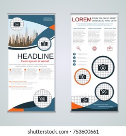 Modern roll-up abstract geometric style business banners, two-sided flyer vector design template
