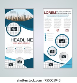 Modern roll-up abstract geometric style business banners, two-sided flyer vector design template