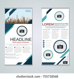 Modern roll-up abstract geometric style business banners, two-sided flyer vector design template