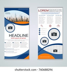 Modern roll-up abstract geometric style business banners, two-sided flyer vector design template