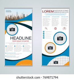 Modern roll-up abstract geometric style business banners, two-sided flyer vector design template