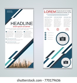 Modern roll-up abstract geometric style business banners, two-sided flyer vector design template