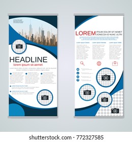 Modern roll-up abstract geometric style business banners, two-sided flyer vector design template