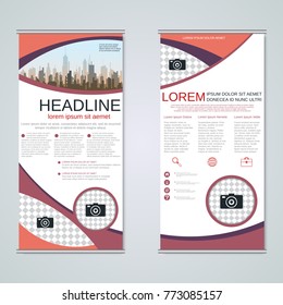 Modern roll-up abstract geometric style business banners, two-sided flyer vector design template