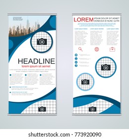 Modern roll-up abstract geometric style business banners, two-sided flyer vector design template