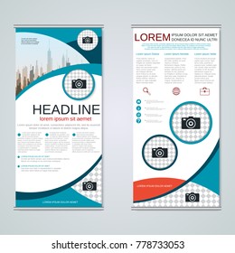 Modern roll-up abstract geometric style business banners, two-sided flyer vector design template