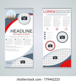 Modern roll-up abstract geometric style business banners, two-sided flyer vector design template