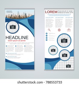 Modern roll-up abstract geometric style business banners, two-sided flyer vector design template