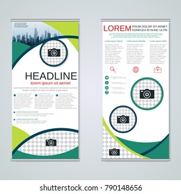 Modern roll-up abstract geometric style business banners, two-sided flyer vector design template