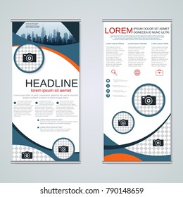 Modern roll-up abstract geometric style business banners, two-sided flyer vector design template