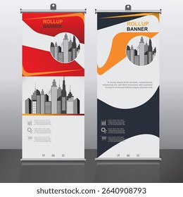 Modern roll-up banner design with cityscape, bold red and orange shapes, ideal for business advertising, events, or promotions.