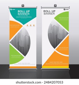 Modern roll-up banner design with geometric shapes and cityscape imagery, suitable for business and promotional events.