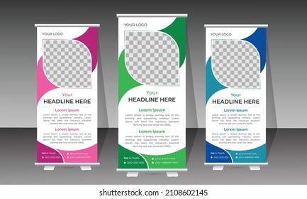Modern Roll-Up Banner Design Template for Healthcare with natural shapes, three different gradient colors.
Vertical, roll-up template, banner stand, or flag design.