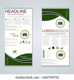 Modern roll-up business banners, two-sided flyer vector design template
