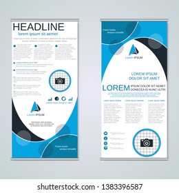 Modern roll-up business banners, two-sided flyer vector design template