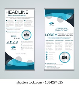 Modern roll-up business banners, two-sided flyer vector design template
