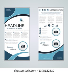 Modern roll-up business banners, two-sided flyer vector design template