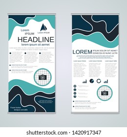 Modern roll-up business banners, two-sided flyer vector design template